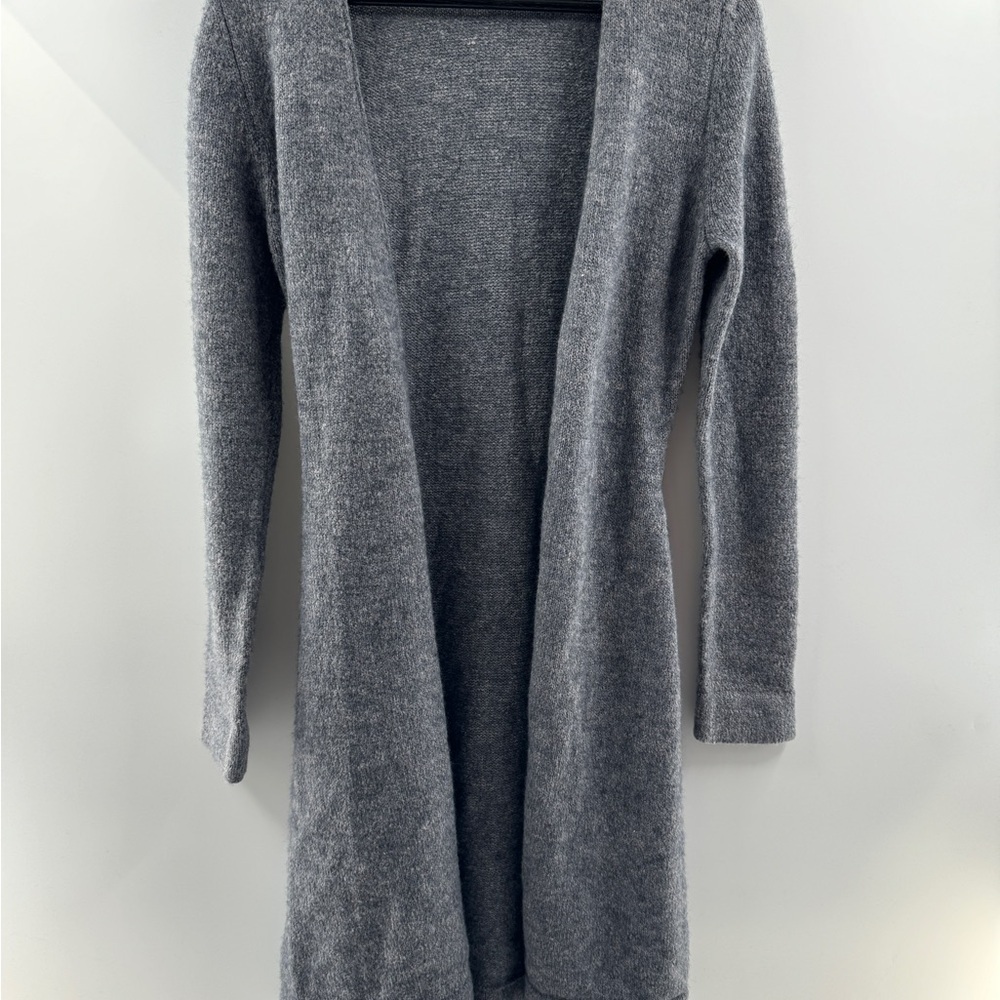 Moda International Long Grey Wrap Cardigan – Wool Blend, Tie Waist, Size Medium